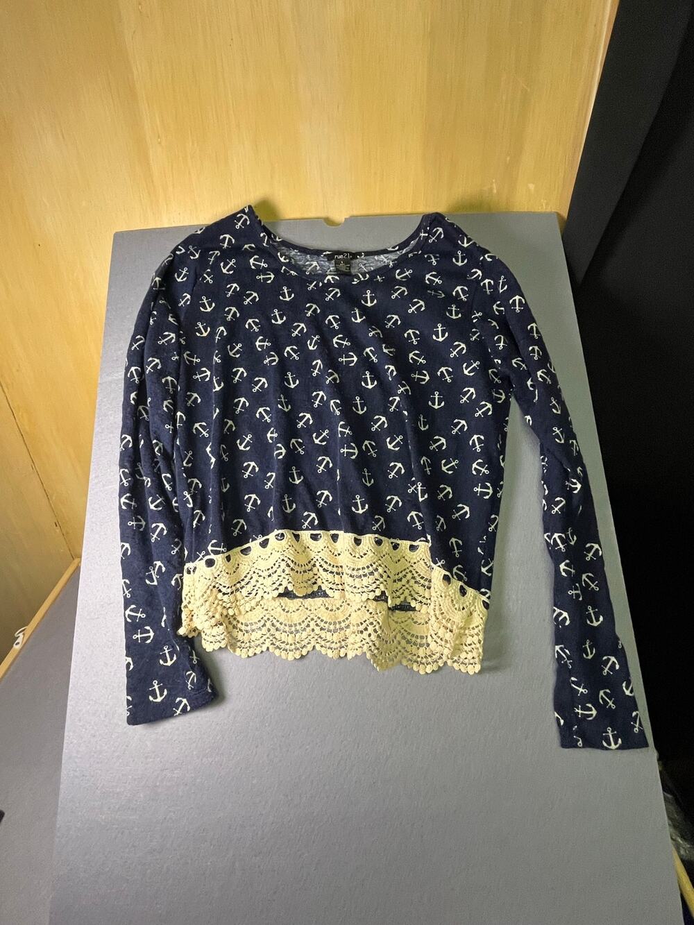 rue21 Women's Large Navy Anchor Print Long-Sleeve Crochet Hem Top